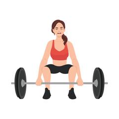 Fototapeta na wymiar Strong athlete lifts heavy barbell under supervision of personal trainer from gym teaching ward before competition. Flat vector illustration isolated on white background