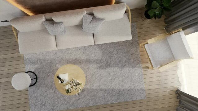modern room interior design, contemporary apartment concept, bird’s eye view shot, 3d visualization rendering animation