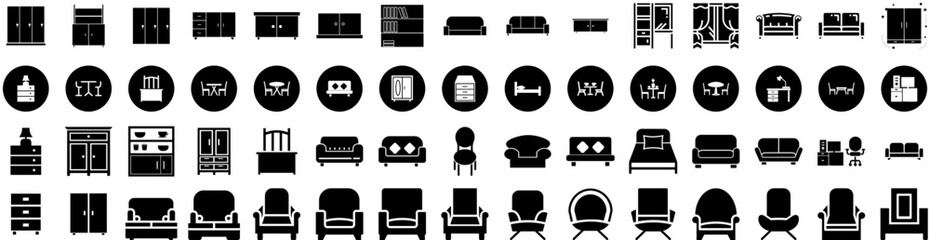 Set Of Furniture Icons Isolated Silhouette Solid Icon With Home, Living, Design, Table, Interior, Room, Furniture Infographic Simple Vector Illustration Logo