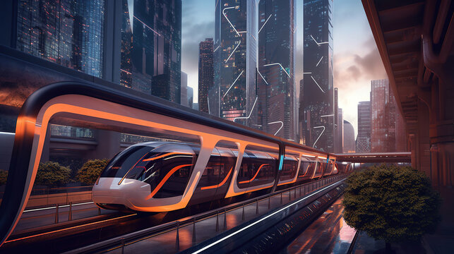 A hyper-realistic digital illustration showcasing an advanced hyperloop system seamlessly integrated into a modern cityscape, ai generated