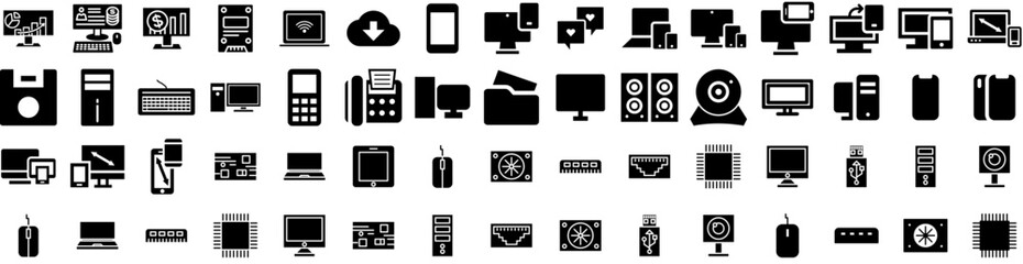 Set Of Computer Icons Isolated Silhouette Solid Icon With Business, Display, Screen, Technology, Computer, Modern, Laptop Infographic Simple Vector Illustration Logo