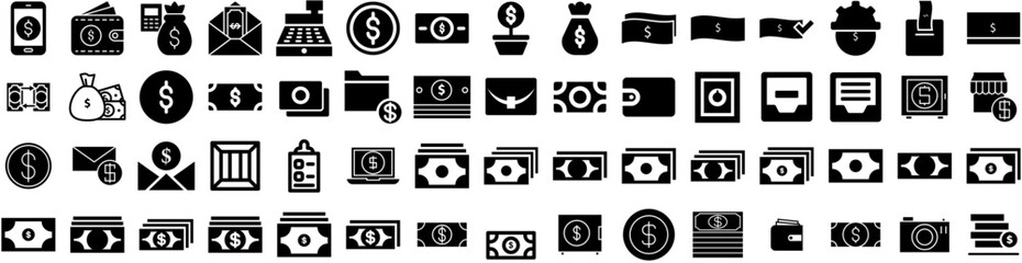 Set Of Money Icons Isolated Silhouette Solid Icon With Business, Money, Currency, Payment, Cash, Dollar, Finance Infographic Simple Vector Illustration Logo