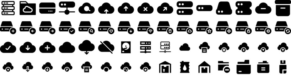 Set Of Storage Icons Isolated Silhouette Solid Icon With System, Technology, Unit, Container, Business, Industrial, Storage Infographic Simple Vector Illustration Logo