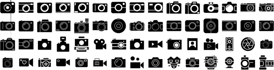 Set Of Camera Icons Isolated Silhouette Solid Icon With Equipment, Illustration, Lens, Photo, Photography, Digital, Camera Infographic Simple Vector Illustration Logo