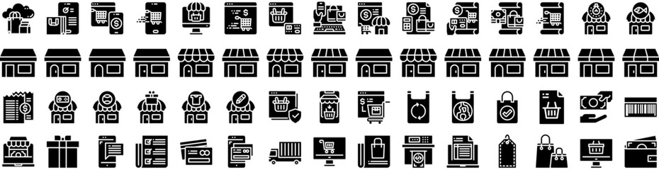 Set Of Shopping Icons Isolated Silhouette Solid Icon With Shop, Banner, Buy, Business, Sale, Discount, Store Infographic Simple Vector Illustration Logo