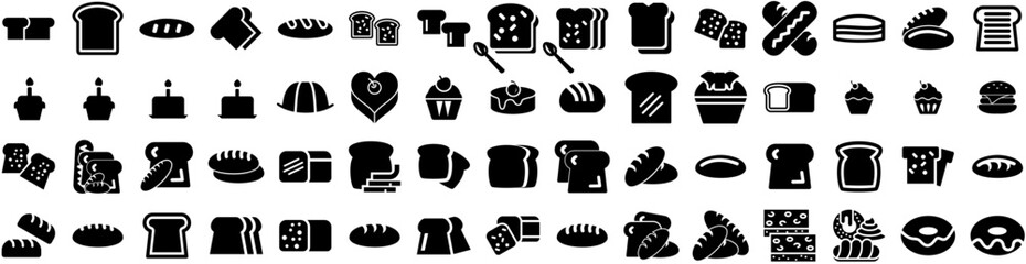 Set Of Bakery Icons Isolated Silhouette Solid Icon With Food, Shop, Pastry, Bakery, Cafe, Croissant, Bread Infographic Simple Vector Illustration Logo