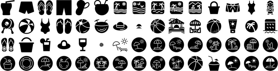 Set Of Beach Icons Isolated Silhouette Solid Icon With Summer, Tropical, Relax, Travel, Beach, Ocean, Sea Infographic Simple Vector Illustration Logo