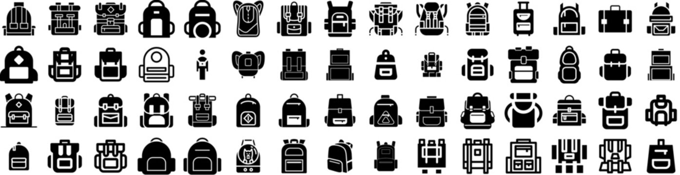 Set Of Backpack Icons Isolated Silhouette Solid Icon With Rucksack, Design, Travel, Backpack, Bag, Education, School Infographic Simple Vector Illustration Logo