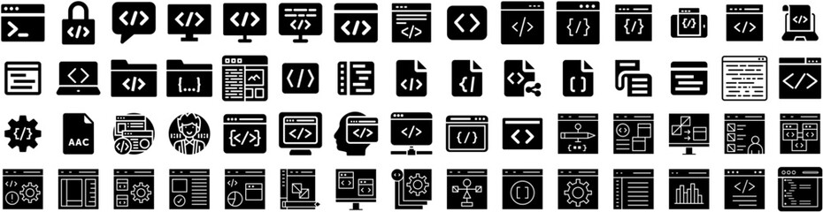 Set Of Coding Icons Isolated Silhouette Solid Icon With Digital, Information, Mobile, Vector, Technology, Code, Scan Infographic Simple Vector Illustration Logo