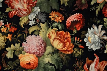 Beautiful and elegant background of floral fabric representing spring flowers on a black backdrop. Generative AI
