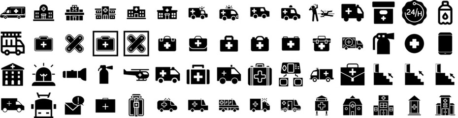 Set Of Emergency Icons Isolated Silhouette Solid Icon With Icon, Ambulance, Security, Illustration, Emergency, Safety, Urgency Infographic Simple Vector Illustration Logo