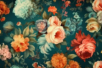 Background of floral fabric on a black backdrop in the style of neoclassicism, beautiful and elegant flowers. Generative AI
