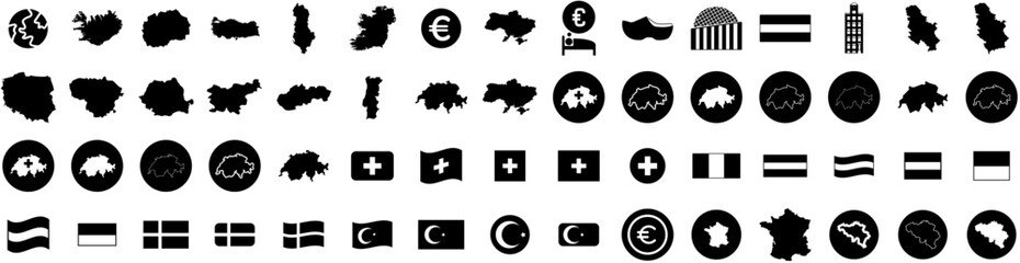 Set Of Europe Icons Isolated Silhouette Solid Icon With Map, European, Vector, Illustration, Europe, Country, Earth Infographic Simple Vector Illustration Logo