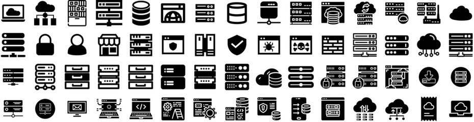 Set Of Hosting Icons Isolated Silhouette Solid Icon With Business, Technology, Internet, Hosting, Network, Web, Data Infographic Simple Vector Illustration Logo