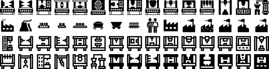 Set Of Industrial Icons Isolated Silhouette Solid Icon With Production, Business, Manufacturing, Industry, Industrial, Technology, Factory Infographic Simple Vector Illustration Logo