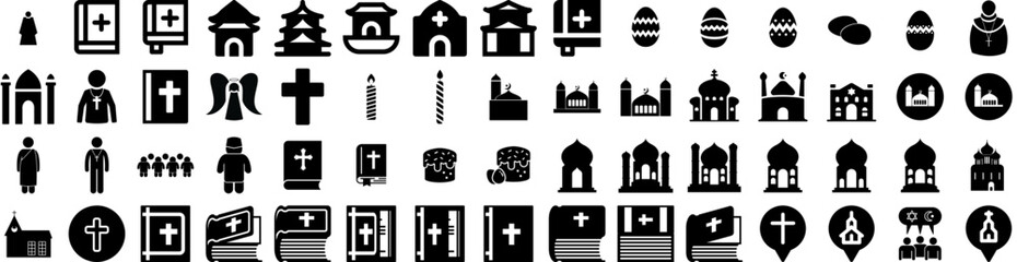 Set Of Religion Icons Isolated Silhouette Solid Icon With Church, Christianity, Faith, Religious, Catholic, Religion, Christian Infographic Simple Vector Illustration Logo
