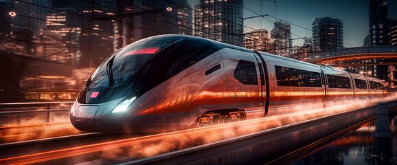 High-speed train at the station and a blurred city in the background, high resolution, high-quality image, travel, lighting, colorfulness, fast travel, be on time, technology