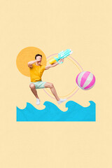 Image poster banner collage of fun young guy have fun on pool party outdoors water activity playing volleyball fight