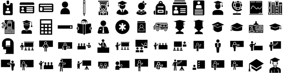 Set Of Student Icons Isolated Silhouette Solid Icon With University, College, Female, Student, Happy, Young, Education Infographic Simple Vector Illustration Logo