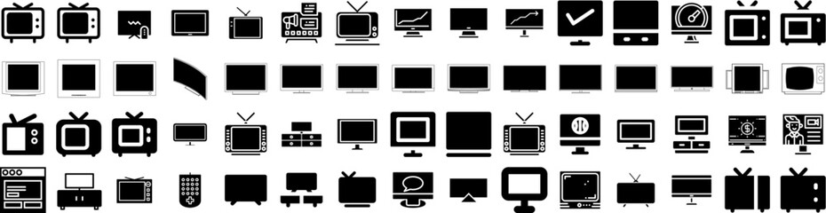 Set Of Television Icons Isolated Silhouette Solid Icon With Display, Movie, Technology, Screen, Tv, Television, Video Infographic Simple Vector Illustration Logo