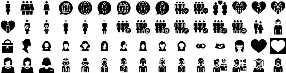 Set Of Woman Icons Isolated Silhouette Solid Icon With Girl, Young, Woman, Beautiful, Female, Background, Happy Infographic Simple Vector Illustration Logo