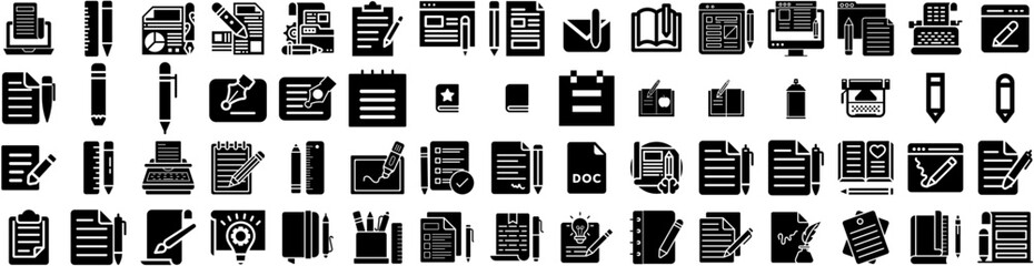 Set Of Writing Icons Isolated Silhouette Solid Icon With Paper, Education, Business, Writer, Pen, Write, Office Infographic Simple Vector Illustration Logo