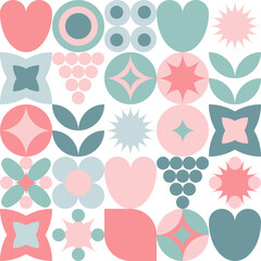 Fototapeta premium Trendy seamless geometric pattern of squares and circles, flat cartoon sketch summer background. Minimalistic natural figures of simple shapes in pastel shades.