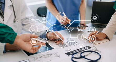 Medical technology network team meeting concept. Doctor hand working with smart phone modern...