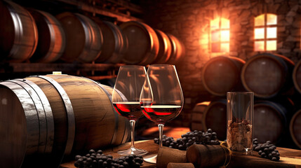 Wine glass, wooden barrel and collection of excellent red wine bottles in the cellar: traditional winemaking and wine tasting concept. Generative Ai