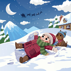 Happy boy in winter clothes lying in snow with puppy and making santa show himself. Winter New Year's Holiday.