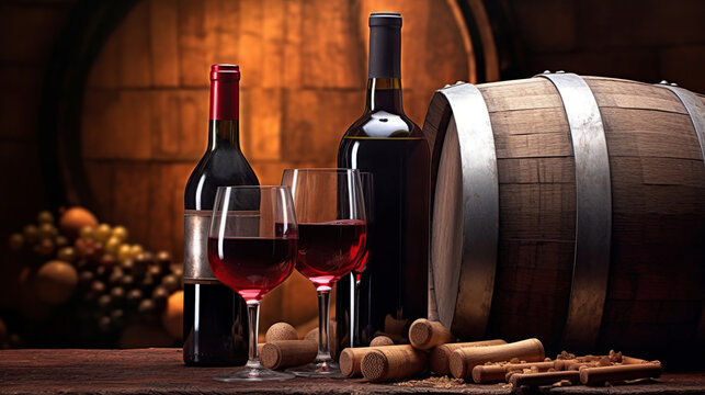 Wine glass, wooden barrel and collection of excellent red wine bottles in the cellar: traditional winemaking and wine tasting concept. Generative Ai