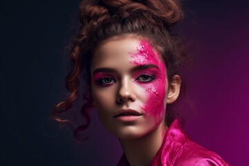 A model wearing makeup with a fuchsia-colored palette, against a plain background, with a sense of bold and playful beauty. Concept of experimentation and creativity. Generative AI