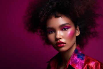 Fototapeta premium A model wearing makeup with a fuchsia-colored palette, against a plain background, with a sense of bold and playful beauty. Concept of experimentation and creativity. Generative AI