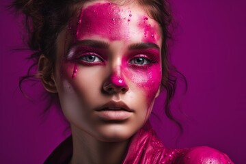 A model wearing makeup with a fuchsia-colored palette, against a plain background, with a sense of bold and playful beauty. Concept of experimentation and creativity. Generative AI