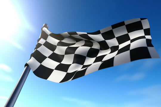 Racing flag waving 3D Render with flagpole and blue sky Formula One finish flag textile auto race track or auto racing on Formula 1 FIA World Endurance Championship and WTCC, 3d illustration