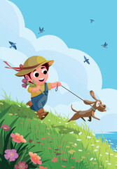 vector cartoon illustration of a happy boy running with a puppy in a wide meadow in spring