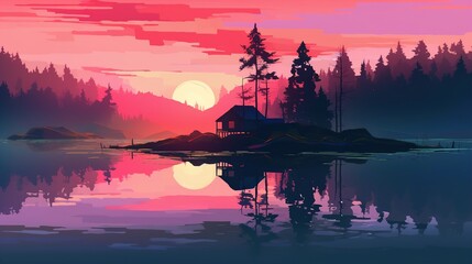 Illustration of stunning landscape minimalism vector art. Purple colors, sunset. View of the lake and mountains. Generative ai.