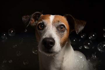 Jack Russell Terrier dog bathing in a sink