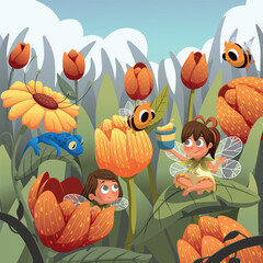 cartoon vector illustration of flower fairies activities in spring