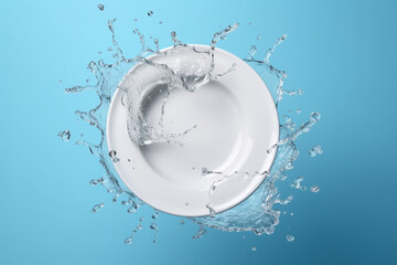 Clean white ceramic plate with a water splashes on a blue background - obrazy, fototapety, plakaty