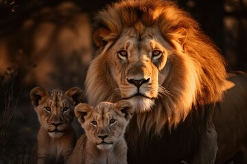 Fototapeta premium Reign of the Lion King in the Jungle with Its Lively Cubs