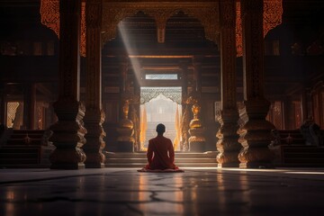 Witnessing the Enlightened State of a Guru Monk During Meditation in the Sacred Temple - obrazy, fototapety, plakaty