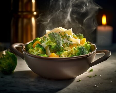 steaming dish of broccoli and cheese in a porcelain serving bowl