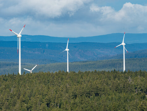 Treetops fo forest and windmill energy farm. Summer landscape