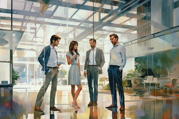 four business team members standing together in an office