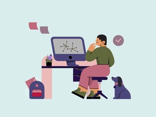 An illustration of  young man sitting at his desk , taking an online course about data science studies