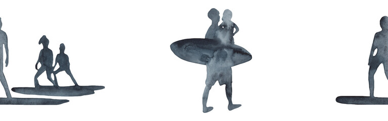 Surf group lessons with family decorative border with family riding on surfboard over waves blue color illustration isolated on white background.