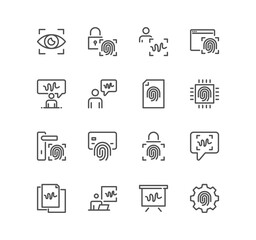Set of biometric related icons, voice recognition, fingerprint, door lock, key and linear variety symbols.