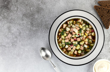 Okroshka - russian cold soup with vegetables, sausage, herbs, kvass and black bread on a gray background. Copy space.