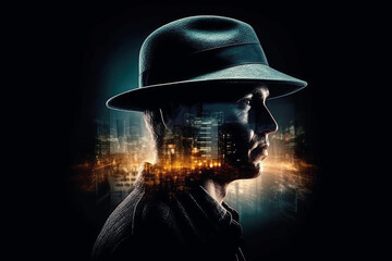 poster banner for thriller movie with a man detective in hat. Generative AI illustration